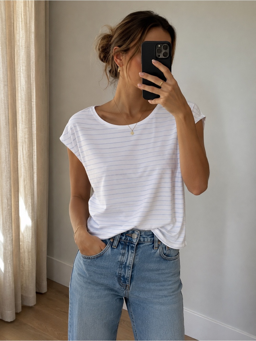 RW&CO. White T-shirt with Light Blue Stripes